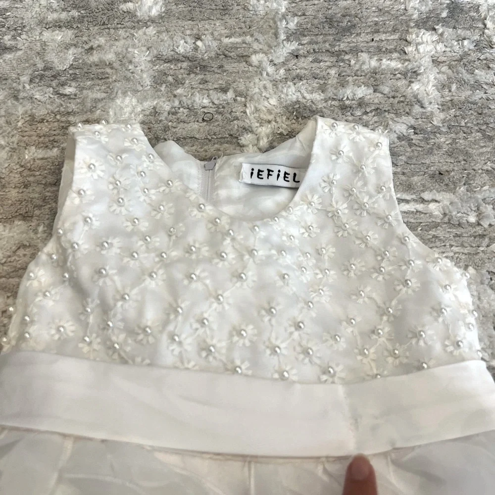 Elegant White Kids formal Recital Wedding Party Dress with Floral Details size:5